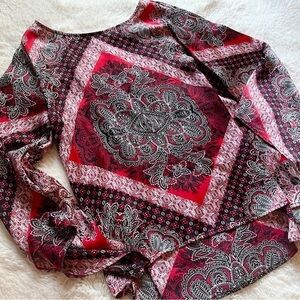 Ellen Tracy Red Paisley Print Silky Bell Sleeve Blouse